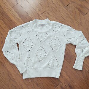 Loft - Sz. S Mixed Rib Mock Neck Pointelle Pullover Sweater w Pompoms